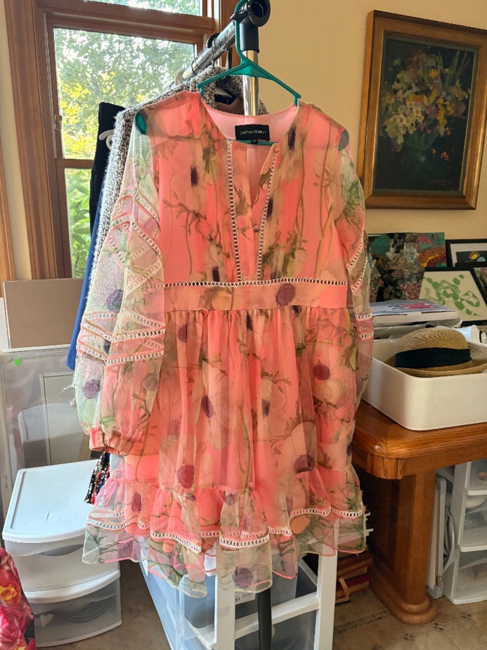 Cynthia Rowley Dress Pink Floral Sheer Chiffon Organza Longsleeve Dress